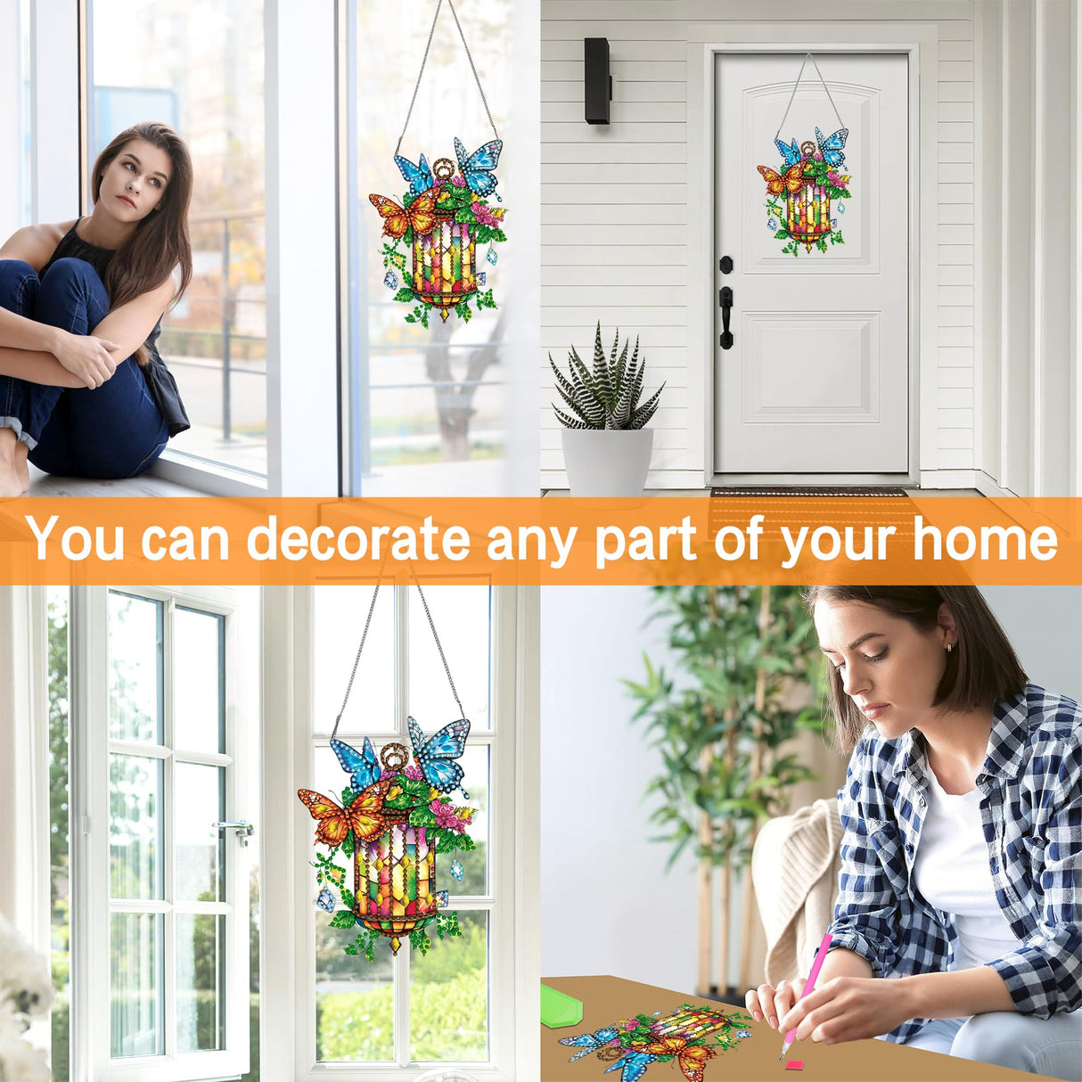 Ginfonr Diamond Painting Kits Hanging Pendant, Butterfly Sun Catcher for Front Door Sign, Special Shaped Rhinestone Lamp Diamond Art, Double Sided Home Hanging Kits for Garden Wall Window (8x8inch) Ginfonr