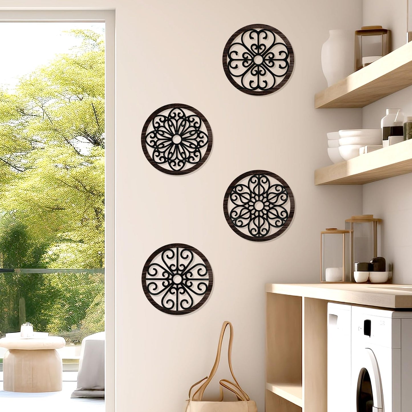 Zzbakress 4 Pcs Wooden Grainy Rustic Wall Art Farmhouse Wall Decor Wooden Exquisite Hollow Pattern Wall Decor Elegant Round Wall Art for Living Room Dinner Room Kitchen Bedroom Hallway (Black - WoodArtSupply