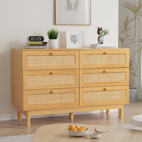 EazeHome 6 Drawer Rattan Dresser for Bedroom, 48” Wide Chest of Drawers, Natural Wooden Handmade Woven Dresser, Boho Storage Organizer for Closet, Living Room and Entryway EazeHome