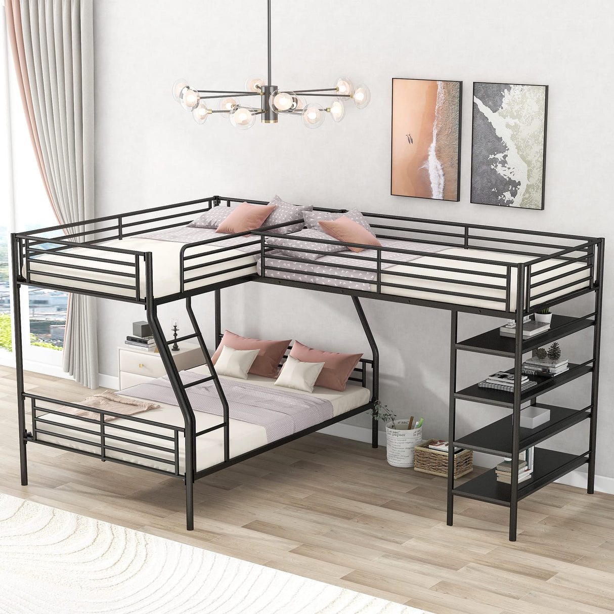 P PURLOVE Twin Over Full L-Shaped Bunk Bed and Twin Size Loft Bed with Ladder and Safety Guardrail, Metal Bunk Bed Frame with Four Built-in Shelves, for 4, Bedroom, Home, No Box Spring Needed, Black P PURLOVE