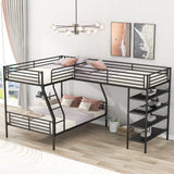 Twin Over Full Bunk Bed with Twin Loft Bed, L-Shaped Triple Bunk Bed with Storage Shelves, 3 Bunk Beds with Ladder and Full Length Guardrails, (Black Twin Over Full Shlef) Bellemave