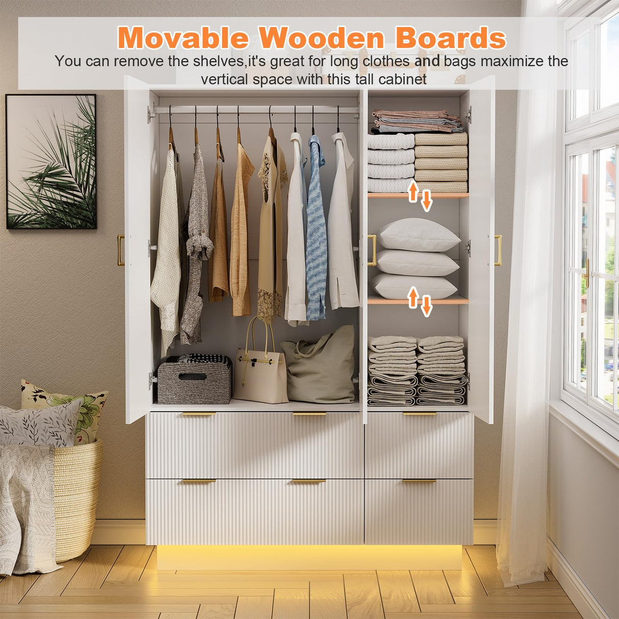 PAKASEPT Armoire Wardrobe Closet with 3 Door, Bedroom Armoires with Mirror and LED Lights, Hanging Rod, Drawers, Large Capacity Storage Wardrobe Armoire for Bedroom PAKASEPT