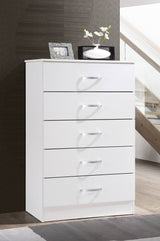 HODEDAH 5 Drawer Wood Dresser for Bedroom, Chest of Drawers with Metal Rails for Support when Storing Clothing, White Hodedah