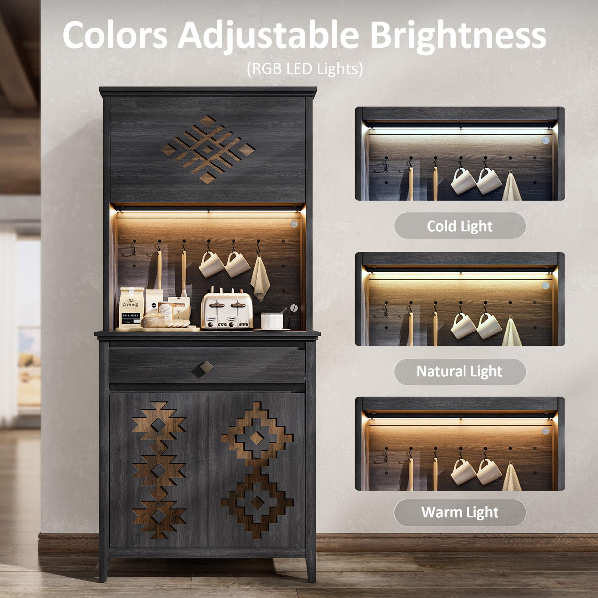 nesture. 71.5" Tall Kitchen Pantry with Hydraulic Flip Up Door, Storage Cabinet with LED Lights & Charging Station, Drawer and Adjustable Shelves, Cupboard for Kitchen, Dining Room, and Hallway, Black nesture.