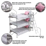 Badger Basket Scrollwork Metal Triple Doll Bunk Bed with Ladder and Bedding – Stylish Silver and Pink Stars Design for 18-Inch Dolls Badger Basket