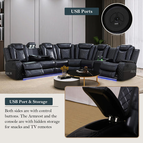 JBXBER Power Recliner Sectional Sofa Set, Black Leather Sectional Couch for Living Room, L Shape Reclining Sofa with Led Lights, Cup Holder, Pull-Down Table for Home/Office(6 Seat) JBXBER