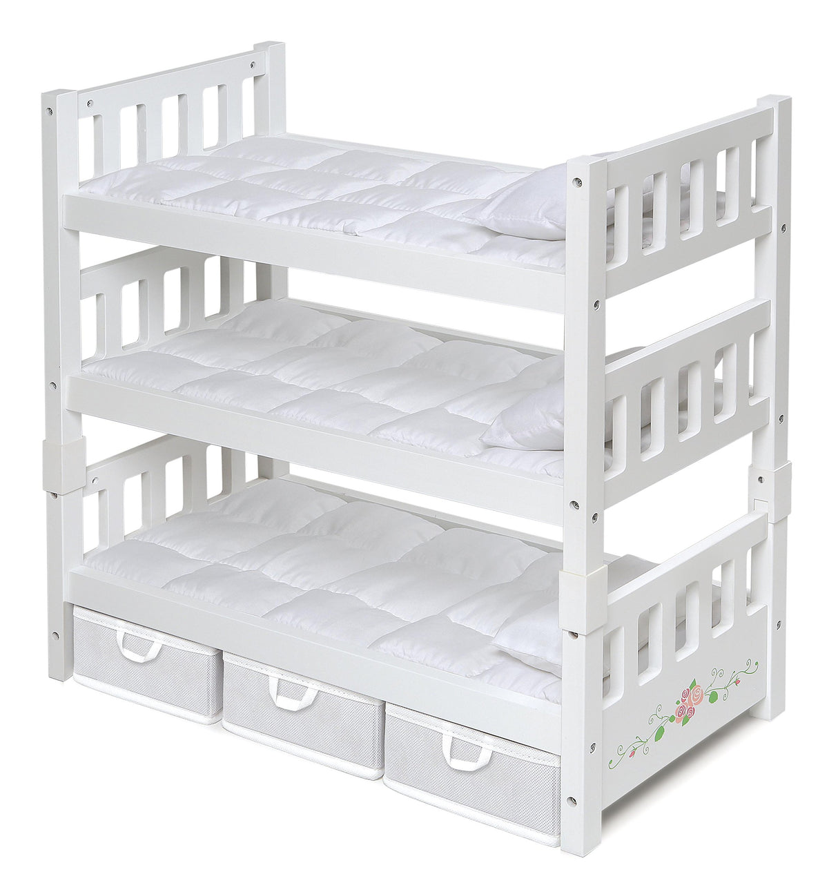 Badger Basket 1-2-3 Convertible Doll Bunk Bed with Bedding and Storage Baskets – Elegant White and Rose Design for 18 to 20-Inch Dolls Badger Basket