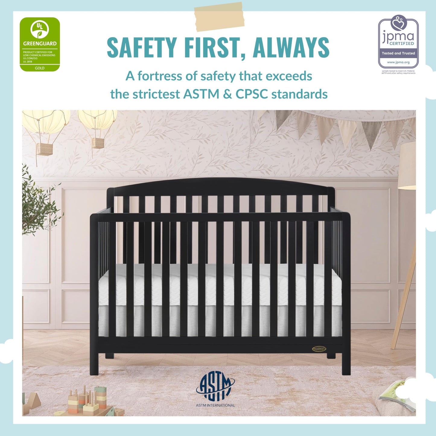 Dream On Me JPMA & Greenguard Gold Certified Odelle 5 in 1 Convertible Crib in Matte Black, Built of Sustainable Pinewood, 3 Mattress Height Settings, Non-Toxic Water-Based Paint Finish