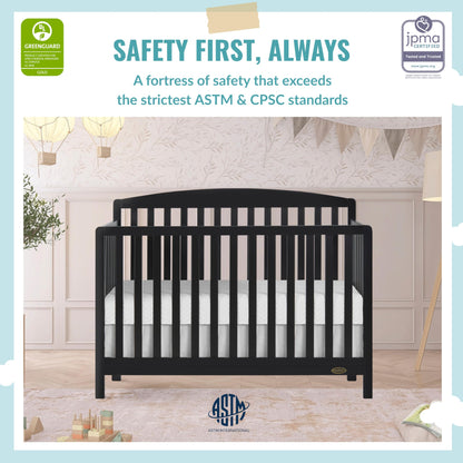 Dream On Me JPMA & Greenguard Gold Certified Odelle 5 in 1 Convertible Crib in Matte Black, Built of Sustainable Pinewood, 3 Mattress Height Settings, Non-Toxic Water-Based Paint Finish