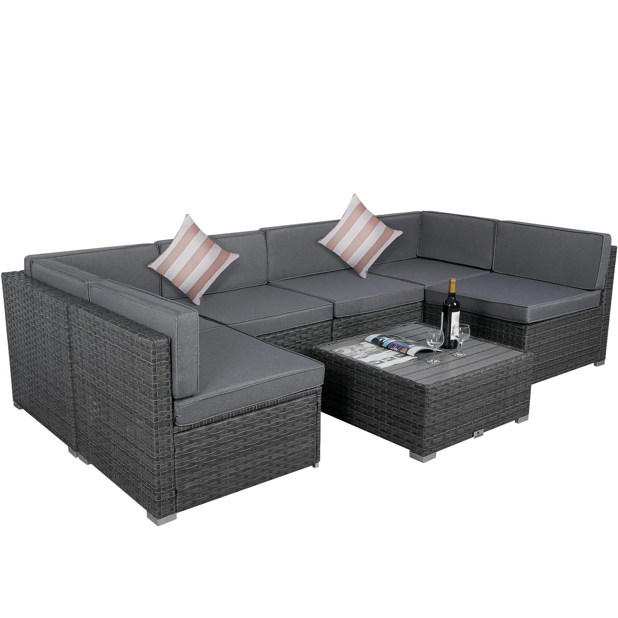 Welpatio 7 Piece Outdoor Patio Furniture Sets with Cushions, PE Rattan Wicker Outdoor Sectional Furniture Conversation Patio Set with Slat Coffee Table and 2 Pillows, Light Gray/Gray Welpatio