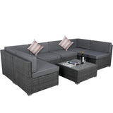 Welpatio 7 Piece Outdoor Patio Furniture Sets with Cushions, PE Rattan Wicker Outdoor Sectional Furniture Conversation Patio Set with Slat Coffee Table and 2 Pillows, Light Gray/Gray Welpatio