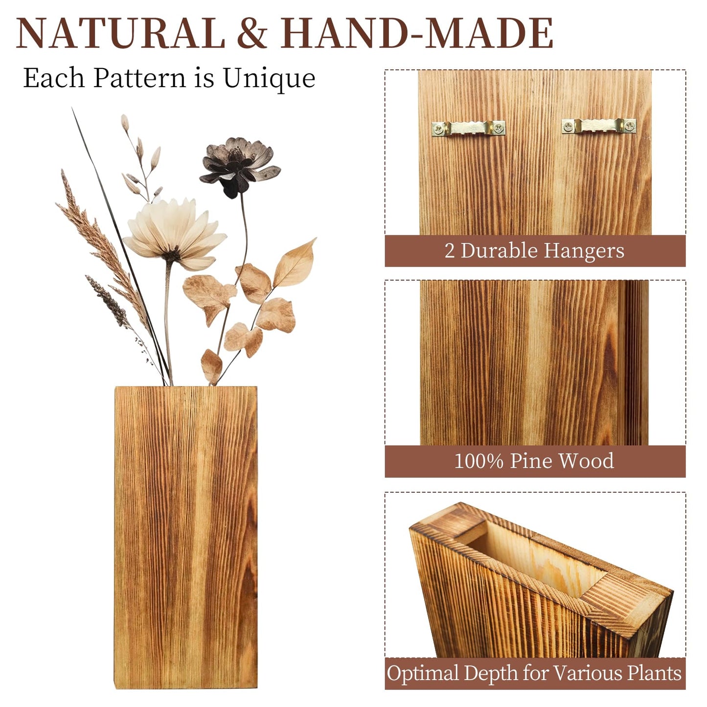 YYDBIAP Wood Wall Planter 2 Pack Indoor Plants Holder for Artificial Dried Flowers and Decorative Greenery, Modern Wooden Pocket Vase for Bedroom, Living Room, Bathroom,Wood Wall Decor (Brown - WoodArtSupply