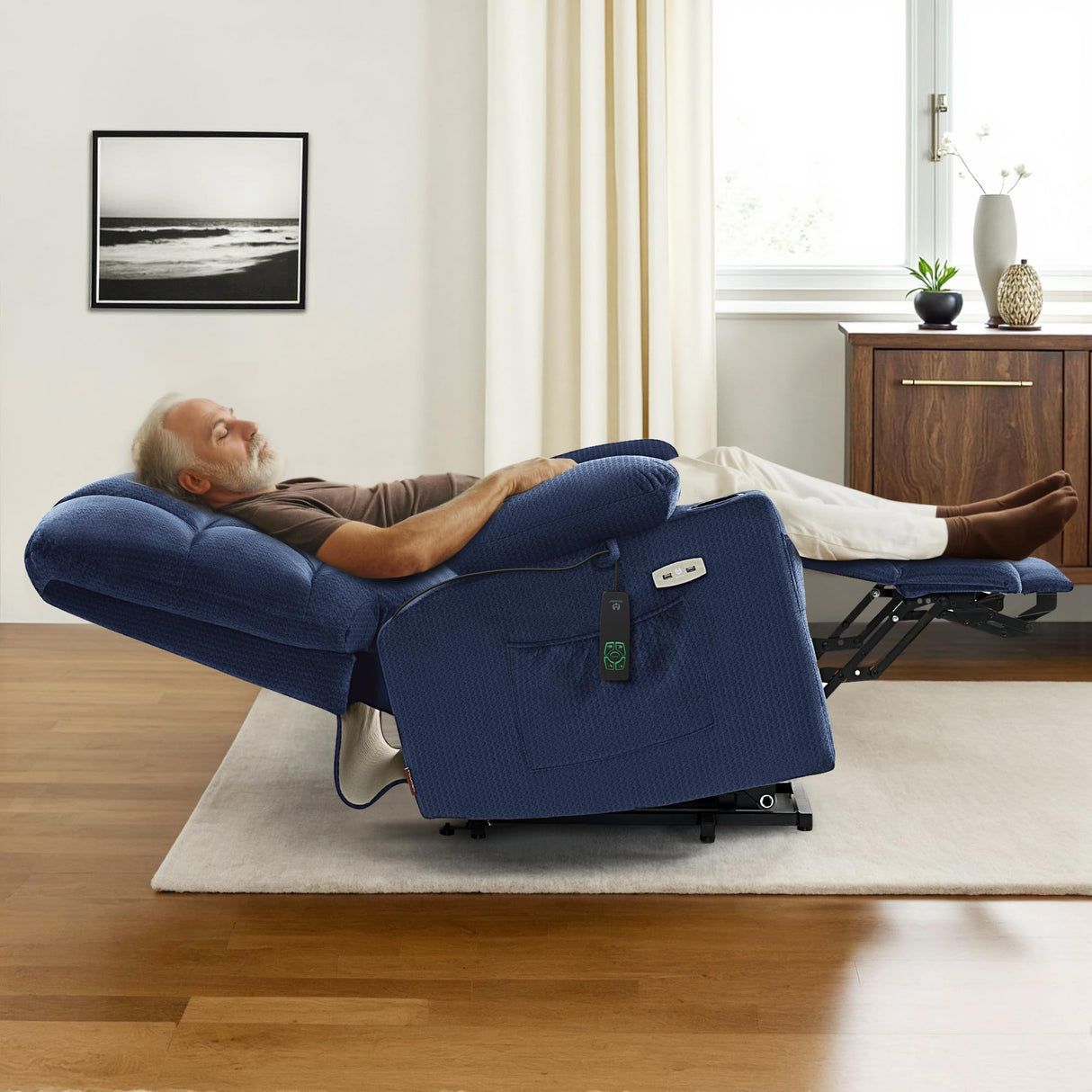 MCombo Large Lay Flat Dual Motor Power Lift Recliner Chair Sofa with Massage and Heat for Elderly People, Infinite Position, Fabric 7680 (Large-Regular, Navy Blue) MCombo