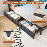 DICTAC Twin Size Bed Frame with 2 Storage Drawers & Charging Station twin Platform Corner Bed Frame with Led Lights Twin Daybed With Upholstered Guardrail for Living Room, Bedroom and Guest Room, Gray DICTAC