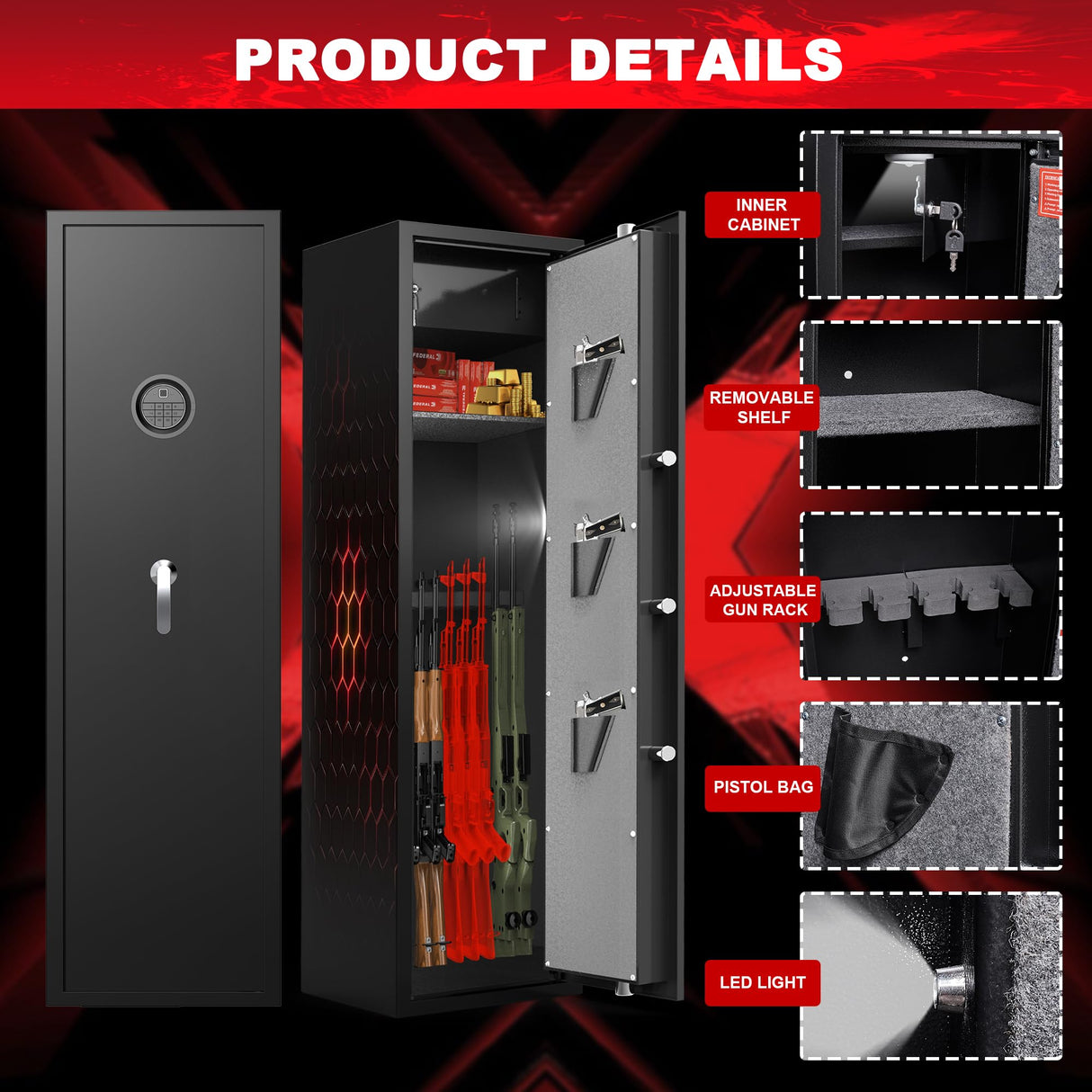 8-12 Gun Cabinet, Gun Safe for Rifles and Pistols, Electronic Rifle Safes for Home, Long Gun Cabinet for Shotgun, Large Gun Locker with Adjustable Shelf, Dual Alarm & Mute System, Quick Access SHICHI