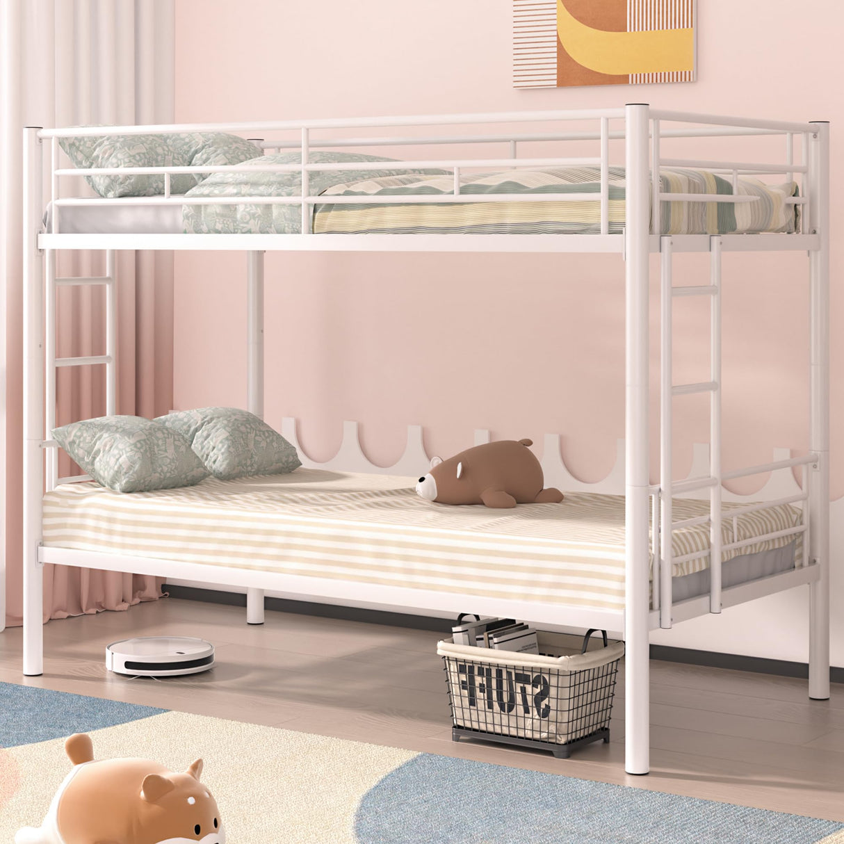 VECELO Bunk Bed Twin Over Twin, Metal Bunkbeds with Ladder and Full-Length Guardrail, No Box Spring Needed, Space Saving, Noise Free, White VECELO