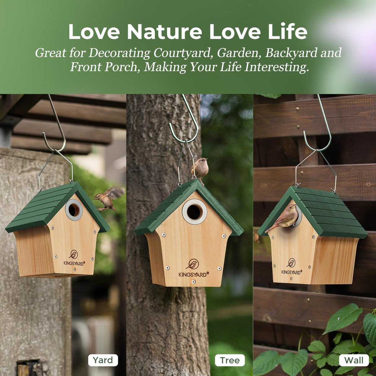 Kingsyard Wooden Bird House with Predator Guard, Wren Bird Nesting for Outdoor, Garden Patio Nest Box for Wild Bird Watching, Green Kingsyard