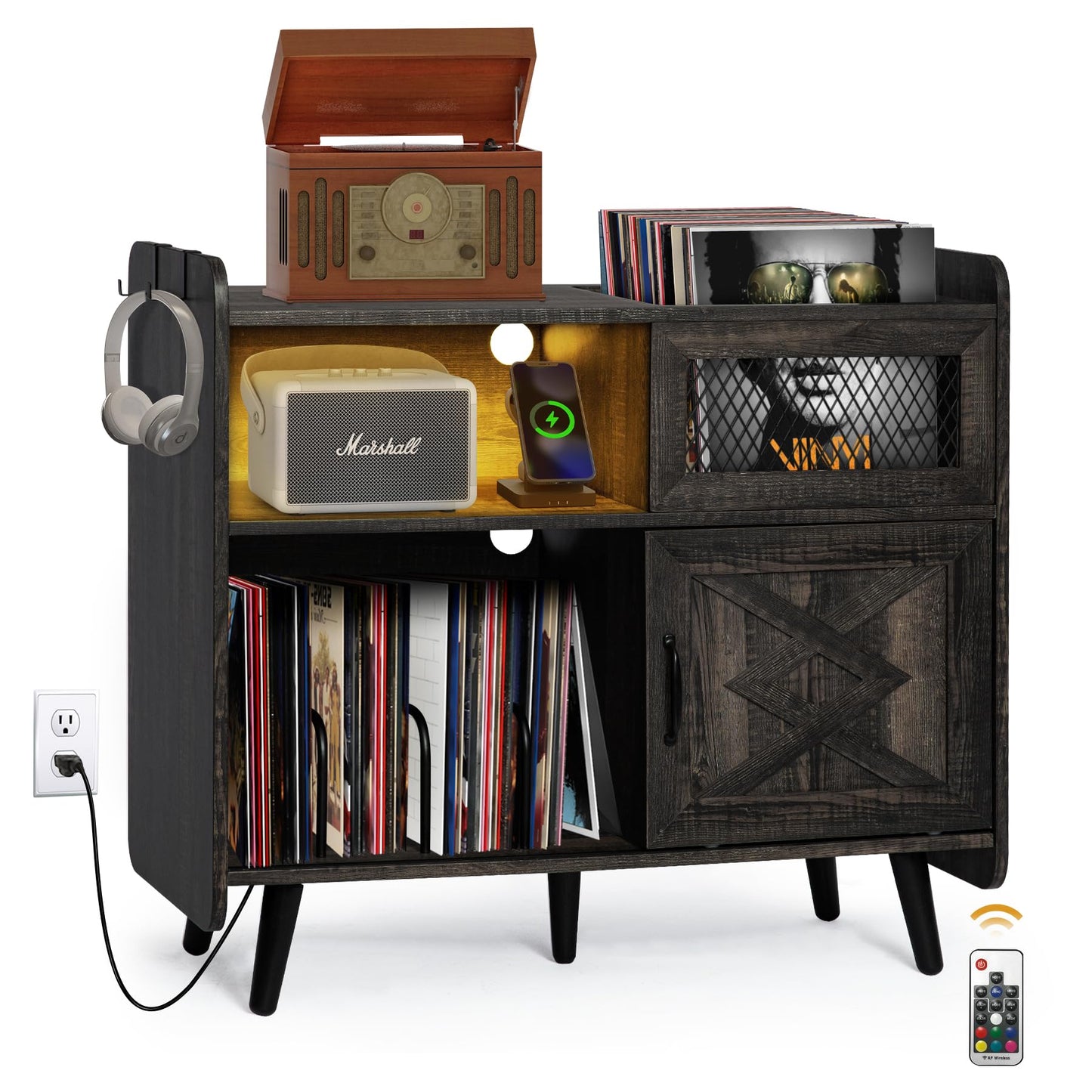 HOKYHOKY Record Player Stand with Vinyl Storage 350 Albums Large Turntable Stand w/Sliding Door, Record Player Table w/LED, Record Shelf Stereo Cabinet w/Outlets, 34”L x 31.5”H, Dark Rustic Oak