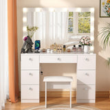 SMOOL Vanity with Lighted Mirror, Makeup Vanity Desk with Power Outlet and LED Bulbs, 3 Color Lighting Modes Adjustable Brightness, 7 Drawers Vanity Table with Cushioned Stool for Bedroom, Marble SMOOL