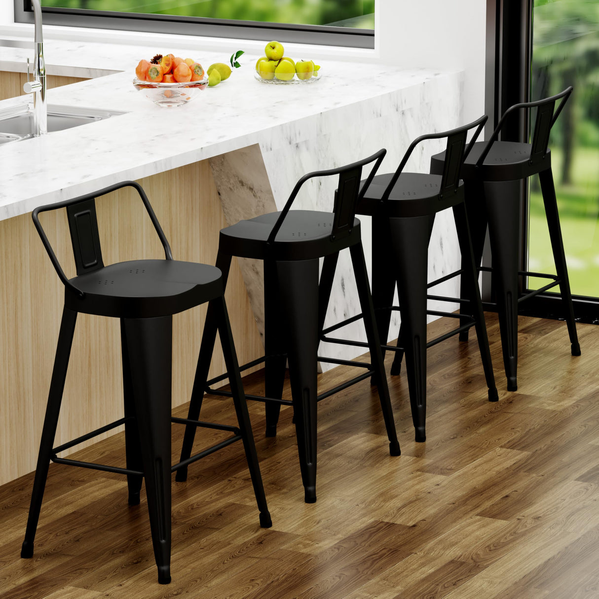 ALISH 24 Inch Bar Stools Set of 4, Industrial Metal Barstools Farmhouse Bar Chairs with Large Seat for Kitchen Island (24 Inch, Black) ALISH
