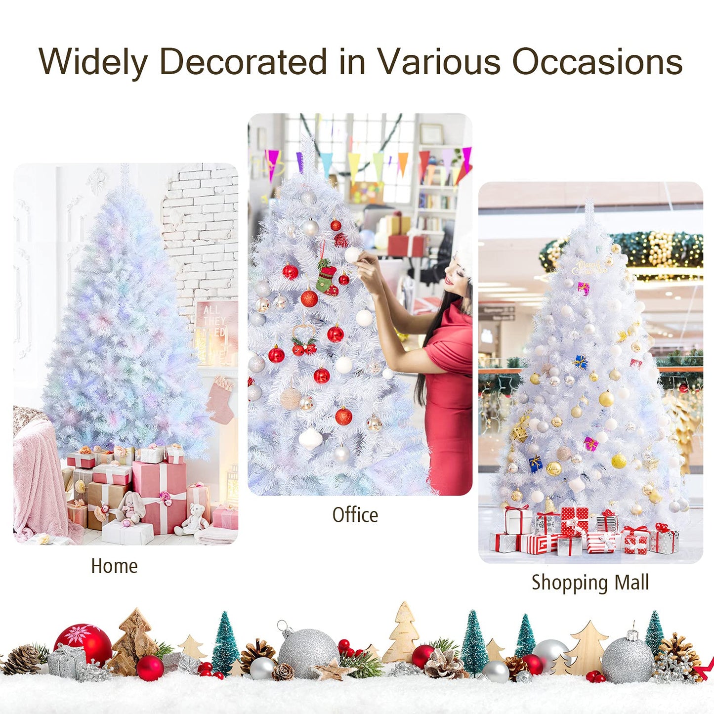 Goplus 8ft White Artificial Christmas Tree, Hinged Unlit Full Xmas Pine Tree w/1636 Iridescent Branch Tips & Metal Stand, Quick Set-Up, for Indoor Home Office Holiday Decoration