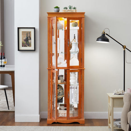 nifoti 70" H Lighted Curio Cabinet Display Case, Glass Curio Cabinets with Adjustable Shelves and Tempered Glass Door, Wooden Cabinet w/Mirrored Back Pane for Living Room (Oak) nifoti