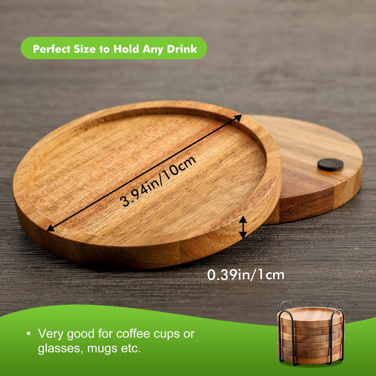 Acacia Wood Coasters for Drinks with Lip, Round Drink Coasters with Holder for Coffee Table Dining Table Wooden Table Coasters for Farmhouse Desk, Set of 6 WLWNWFT