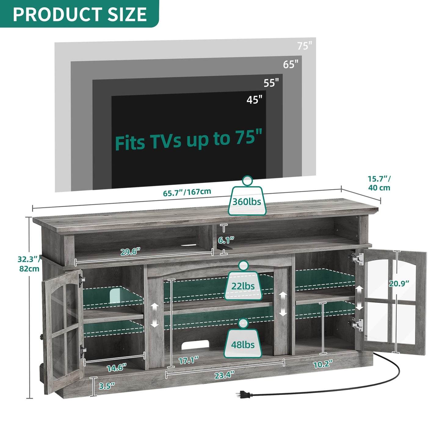 YITAHOME LED Farmhouse TV Stand for TV up to 75 Inch w/Outlets, Highboy Media Entertainment Center Console Table Adjustable Storage Shelves &Cabinet Glass Door for 360lbs for Living Room, Rus - WoodArtSupply