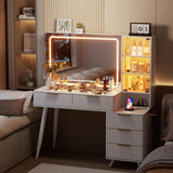 FURNJOYLIFE Makeup Vanity Desk with Mirror and Lights & Charging Station,Modern Glass Top Big Vanity Table with 5 Drawers,Sliding Storage Wall-Mounted Jewelry,3 Shelves for Bedroom,White FURNJOYLIFE