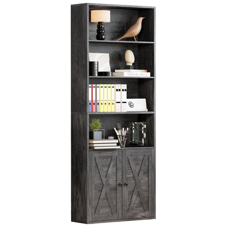 IRONCK 6-Tier Industrial Bookcase with Doors – Charcoal Grey Floor Standing Shelves for Home Office and Living Room IRONCK