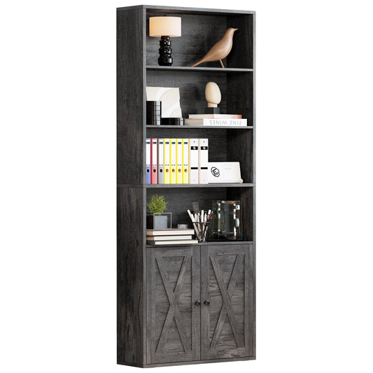 IRONCK 6-Tier Industrial Bookcase with Doors – Charcoal Grey Floor Standing Shelves for Home Office and Living Room - WoodArtSupply