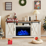 AMERLIFE Fireplace TV Stand with Sliding Barn Door for TVs up to 73", Farmhouse 63" Fireplace Entertainment Center with Storage Cabinets/Adjustable Shelves, Distressed White & Barnwood AMERLIFE