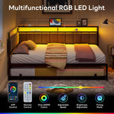 LIKIMIO Corner Twin Bed Frame with Trundle, Upholstered Storage Headboard & LED Lights, Twin Size Daybed with Charging Station, Sturdy Platform Metal Frame for Living Room, Bedroom, Guest Room, Gray LIKIMIO