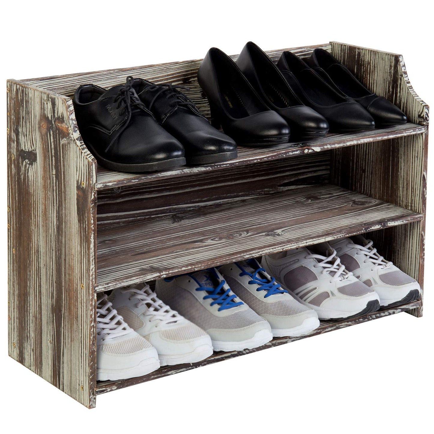 MyGift 3 Tier Rustic Torched Wood Wall Mounted/Freestanding Entryway Shoe Rack Storage Shelves, Closet Organizer Shelf - WoodArtSupply