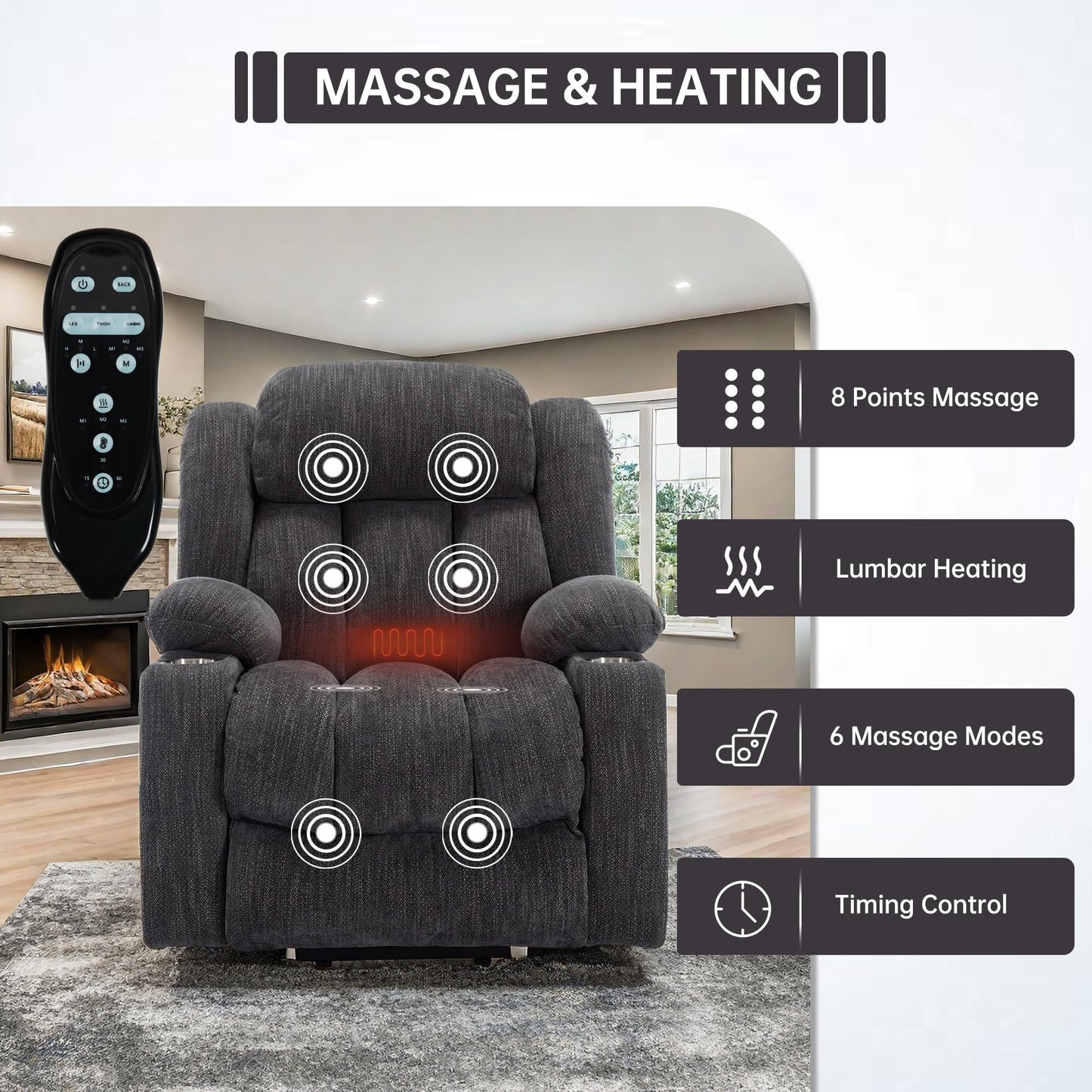 2024 Power Lift Recliner Chair with Full-Body Massage and Heat for Elderly, Hand Remote Control, Upgraded Powerful Motor, Extended Footrest, USB Ports, Stainless Steel Cup Holders, Chenille Grey