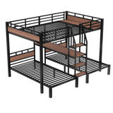 KALALLA Queen Over Twin Over Twin Metal BunkBed with Storage Stairs and Shelves, 3-in-1 Triple Bunk Bed with Headboard, Space Saving, for Kids Boys Girls Adults, Black KALALLA