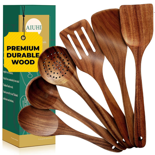 AIUHI Nonstick Natural Wooden Kitchen Utensils Set, Smooth Finish Teak Wood Spoons, Comfort Grip Spatula for Elaborate Cooking 6 PCS