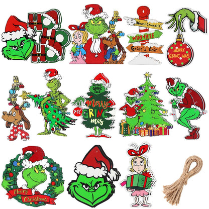 24PCS Christmas Decorations, Wooden Christmas Tree Ornaments, Grinc Christmas Decorations Christmas Ornaments Set Party Home