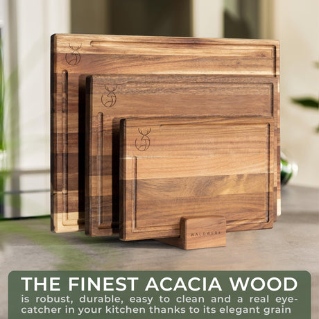WALDWERK Cutting Board Set (15.75 x 12/13 x 9.5/10 x 7 in) out of Solid Acacia Wood - 0,8 in Thick Cutting Boards for Kitchen - Wood Cutting Boards (3 Boards) WALDWERK