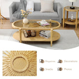 RUSTOWN Rattan Coffee Tables,2-Tier Oval Boho Cocktail Tables, Mid Century Modern Coffee Table with Rattan & Tempered Glass Top and Wood Legs, Sofa Table for Living Room(Natural) RUSTOWN