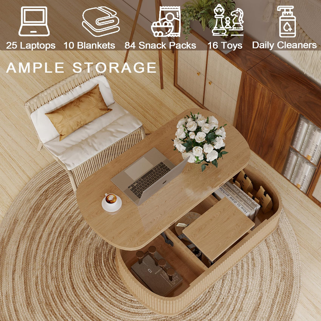 Lift Top Coffee Table with Large Storage,Lifting Converts to Dining Table, Round Pop Up Coffee Table Fluted Oval Wood Center Table For Living Room,Fully Assembled Space-Saving for Eating&Laptops DGpoco