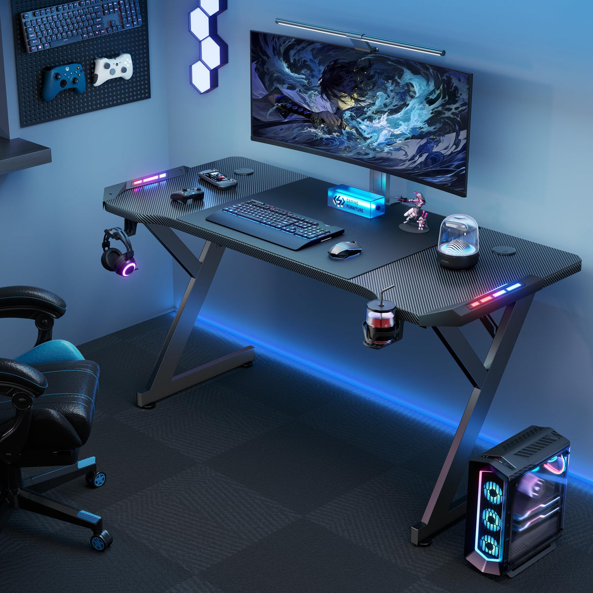 HLDIRECT 63 INCH Gaming Desk with LED Lights, Home Office Gamer Desk, Ergonomic Computer Table with Large Carbon Fiber Desktop, Office Workstation with Mouse Pad, Cup Holder & Headphone Hook, Black HLDIRECT