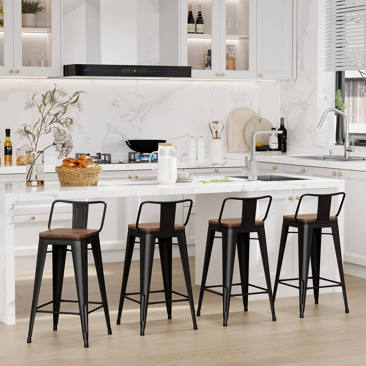 Changjie Furniture 24 Inch Bar Stools Set of 4 Industrial Metal Barstools Counter Height Bar Stool with Backs for Home Kitchen (24 inch, Black) Changjie Furniture