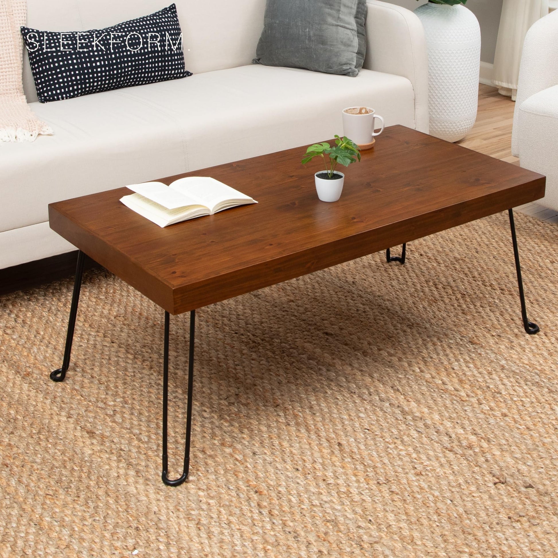 Sleekform Folding Wooden Coffee Table - Collapsible 20x40 Light Wood Mini Desk - Lightweight Foldable Coffee Tables for Small Spaces - Fold Up Hairpin Legs - Walnut Wood Finish - WoodArtSupply