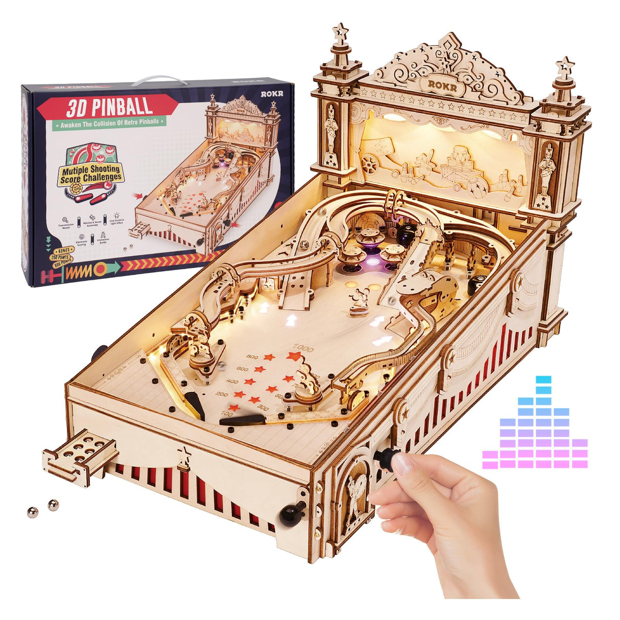 ROKR Miniature Pinball Machine-3D Wooden Puzzles for Adults-DIY Wood Model Kits for Adults-Toy Gifts for Ages 14 and Up ROKR