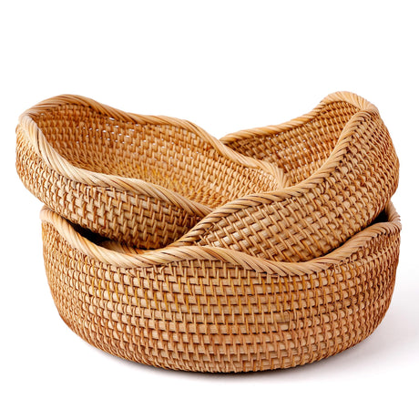 AMIDECOR Rattan Woven Fruit Basket, Natural Round Bread Basket, Decorative Fruit Bowl for Kitchen Counter, Kitchen Storage Baskets for Vegetables, Eggs,Snacks AMIDECOR