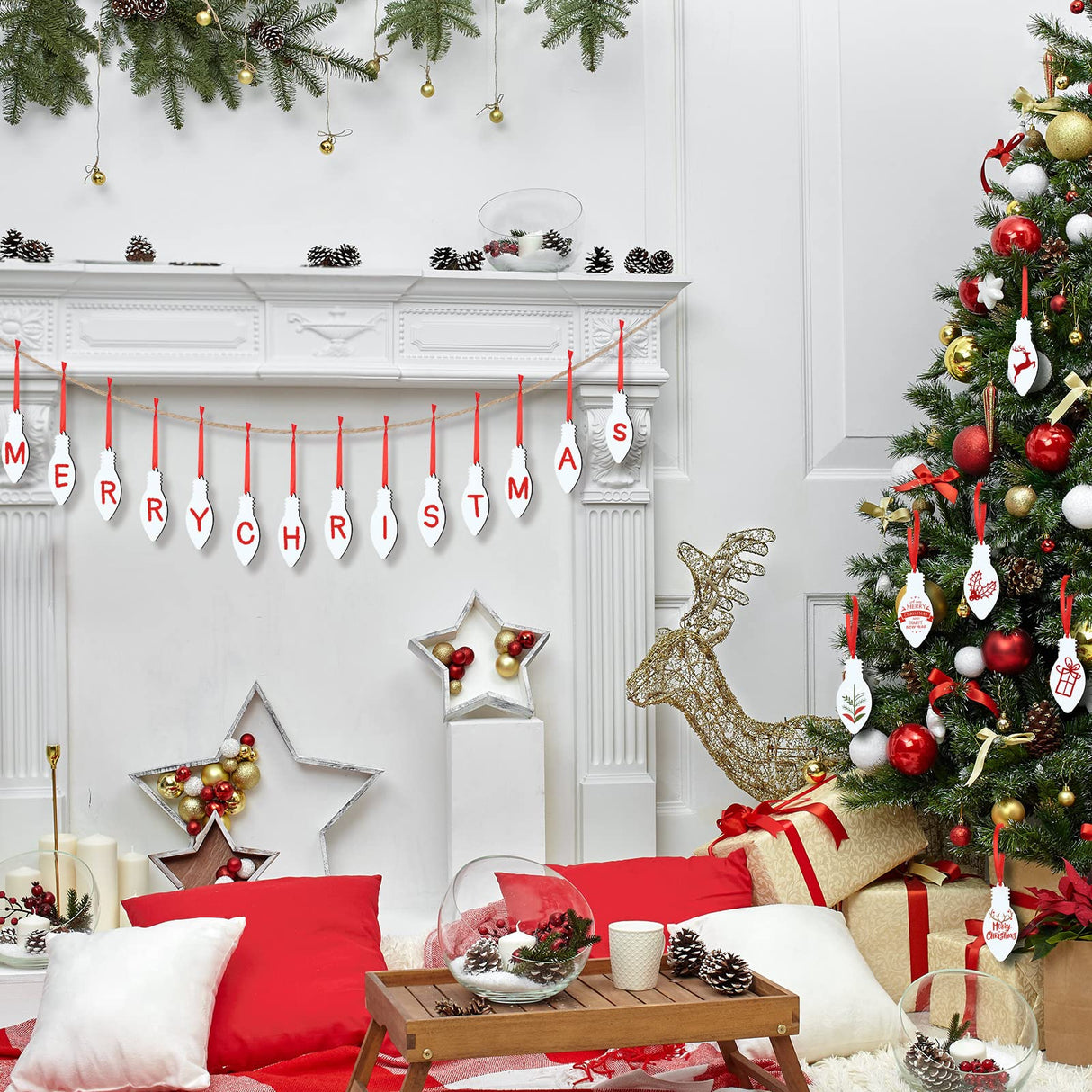 Jetec 20 Pcs Light Bulb Sublimation Ornament Blank MDF Double Sided Christmas Sublimation Christmas Hanging Ornaments with Red Rope for Christmas Crafts DIY Decoration Jetec