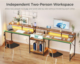Coleshome 98" Home Office Computer Desks with Storage Shelves- 2 Person Writing Desk with LED Lights & Power Outlet, Long Two Person Desk with Monitor Stand, Double Study/Work Table Workstation, Brown Coleshome