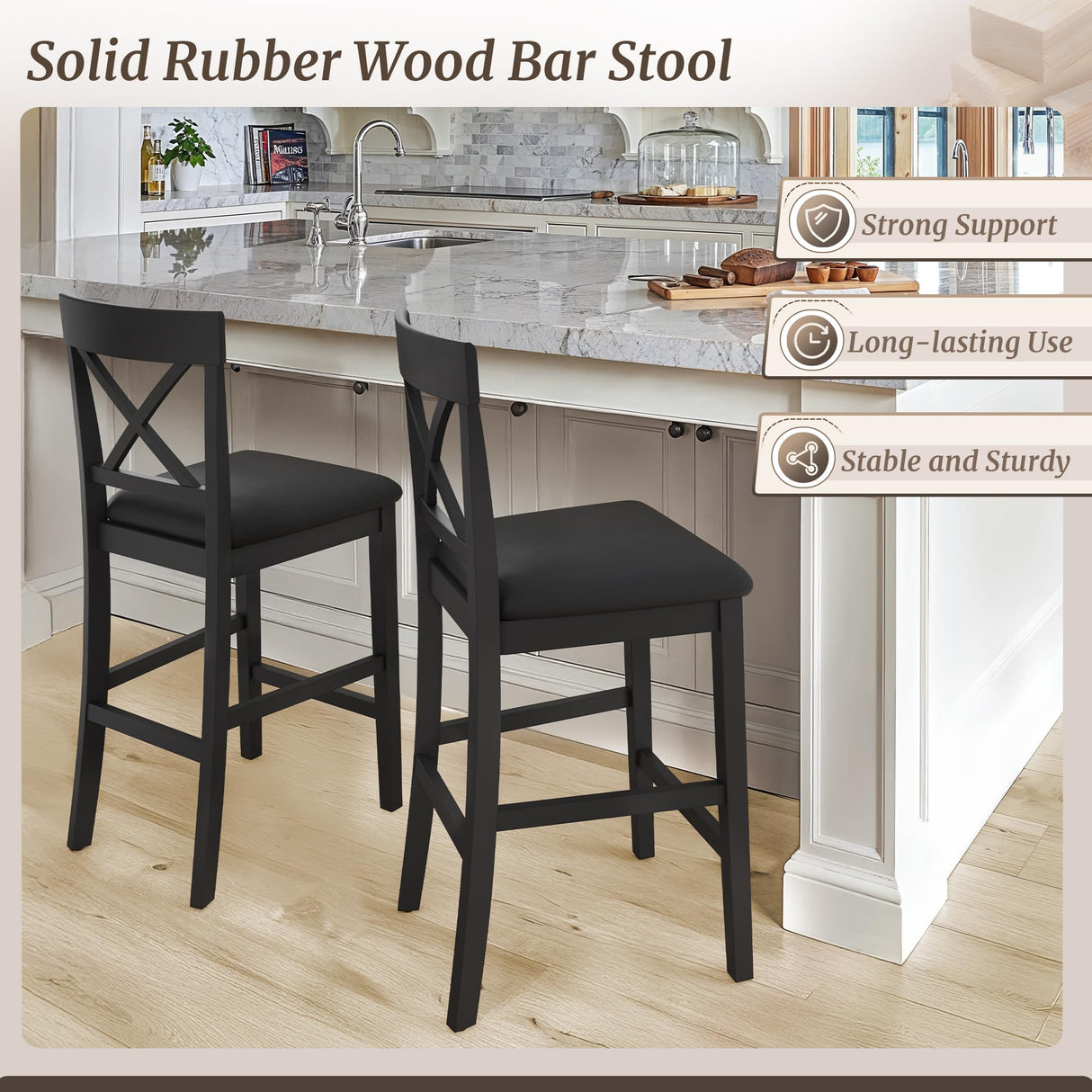 Cozyman 26" Wood Bar Stools Set of 2, Counter Height Bar Stools with Classical X-Shaped Back, Solid Barstools with Rubber Wood Frames and Faux Leather Seat, Black Cozyman