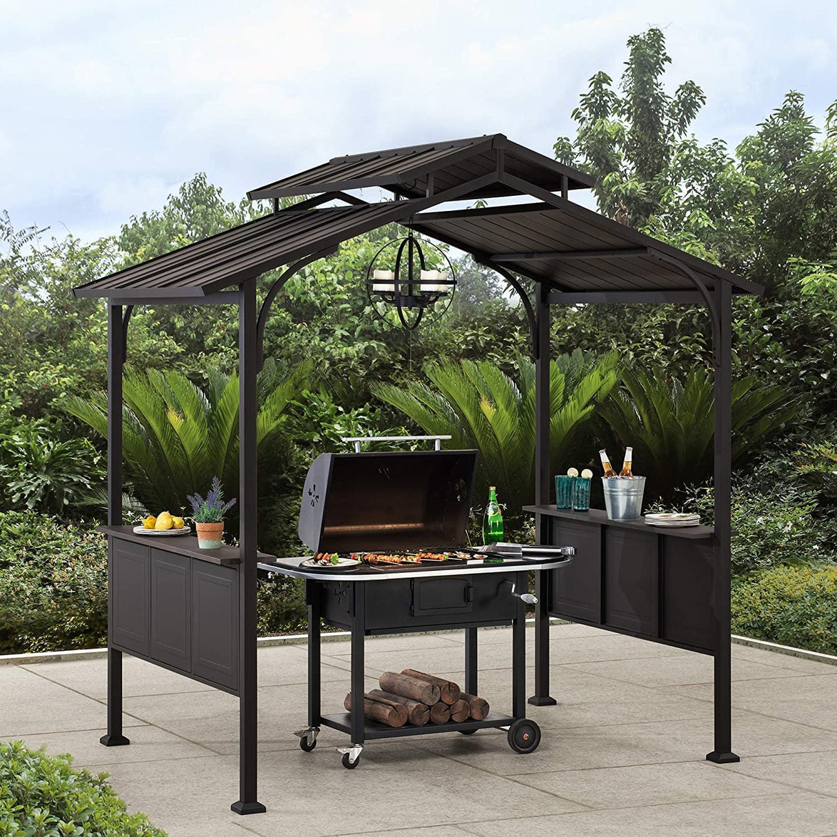 Sunjoy Grill Gazebo 5 ft. x 8 ft. Brown Steel Frame Double Tiered Hardtop Gazebo with Ceiling Hook and Shelves Sunjoy